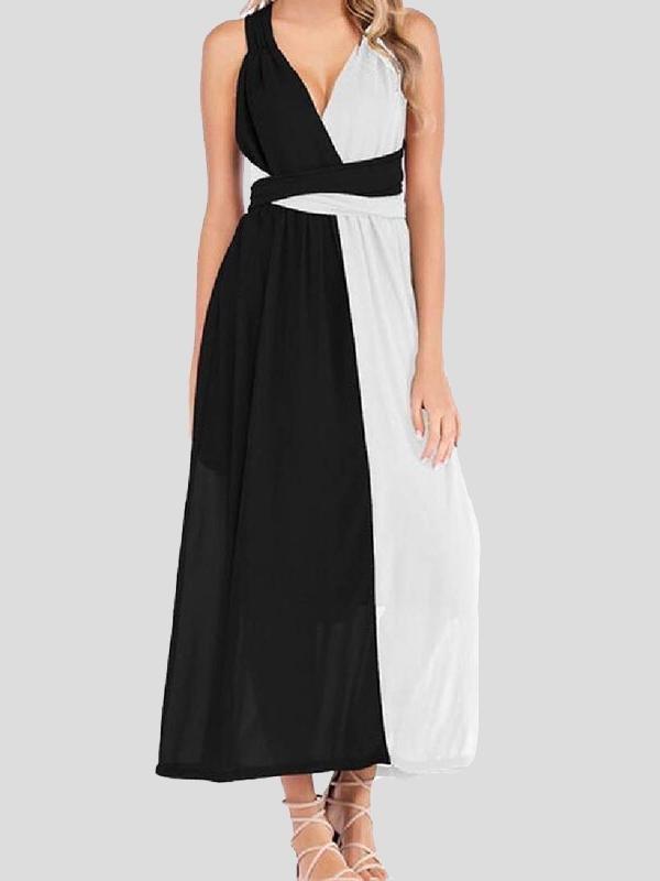 Black And White Stitching V-neck High Waist Dress