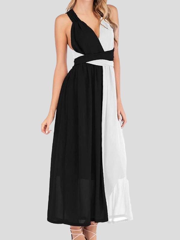 Black And White Stitching V-neck High Waist Dress