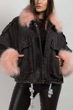 Detachable Fuzzy Faux Fur Collar Denim Coat