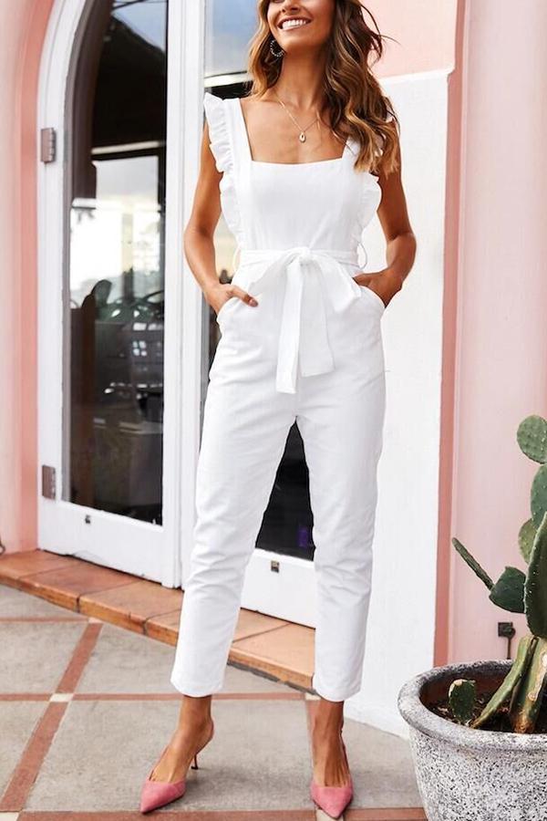 Sweet Solid Color Ruffle Jumpsuit