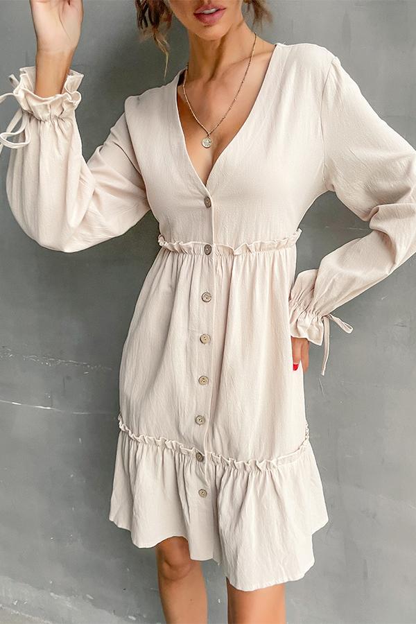Solid Color V-neck Button Wooden Ears Long Sleeve Shirt Dress