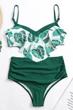 Ruffled Plant Print High-waist Bikini