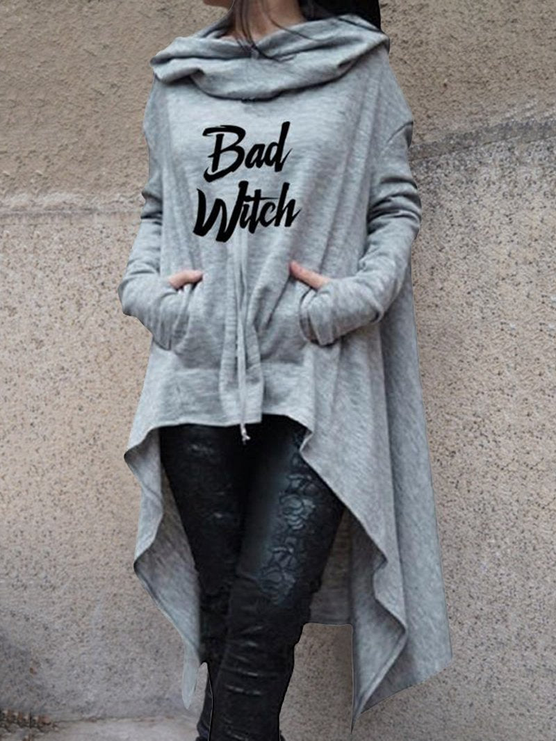 BAD WITCH Printed Hooded Long Sleeve Pocket Casual Loose Sweater