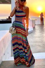 Sunset Stories One Shoulder Muti Color Maxi Dress