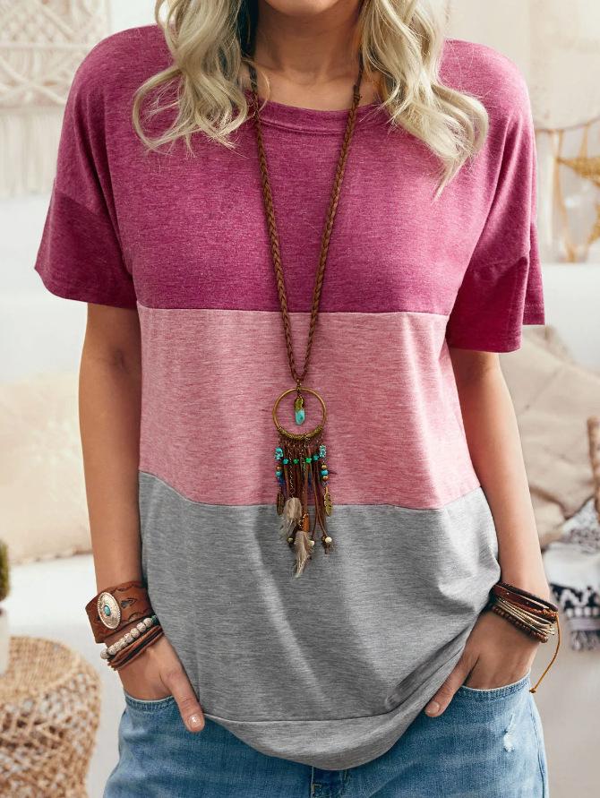 Contrasting Round Neck Short-sleeved Loose T-shirt