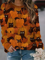 Women's T-Shirts Pumpkin Cat Print Crew Neck Long Sleeve T-Shirt