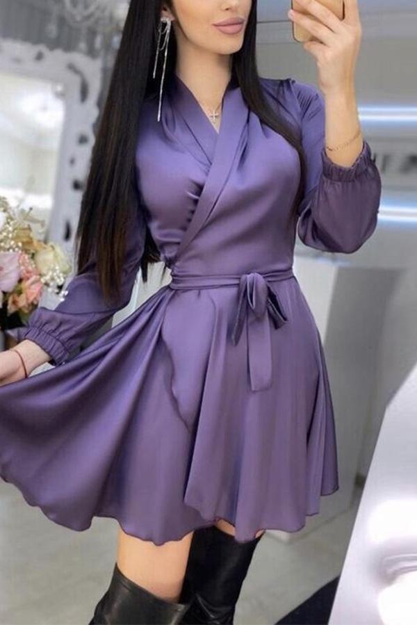 Solid Color Lace-up Waist Dress