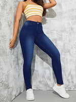 Dark Blue High Waist Skinny Jeans, Slim Fit Slash Pockets High Rise Stretchy Denim Pants, Women's Denim Jeans & Clothing