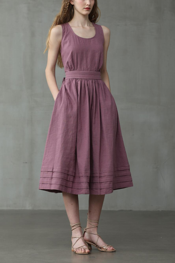 Cross Back O Neck Maxi Linen Dress