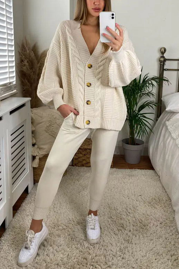 Cozy Island Pocketed Cable Knit Casual Loungewear Set