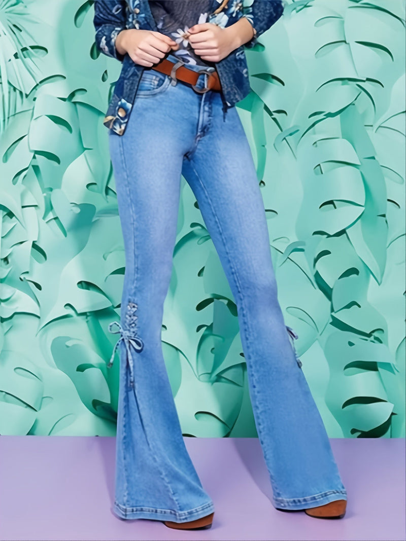Stretchy Lace Up Side Bell-Bottom Denim Jean Pants