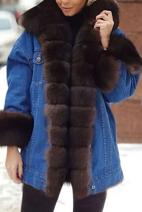 Warm Cozy Denim Fur Parka Casual Coat