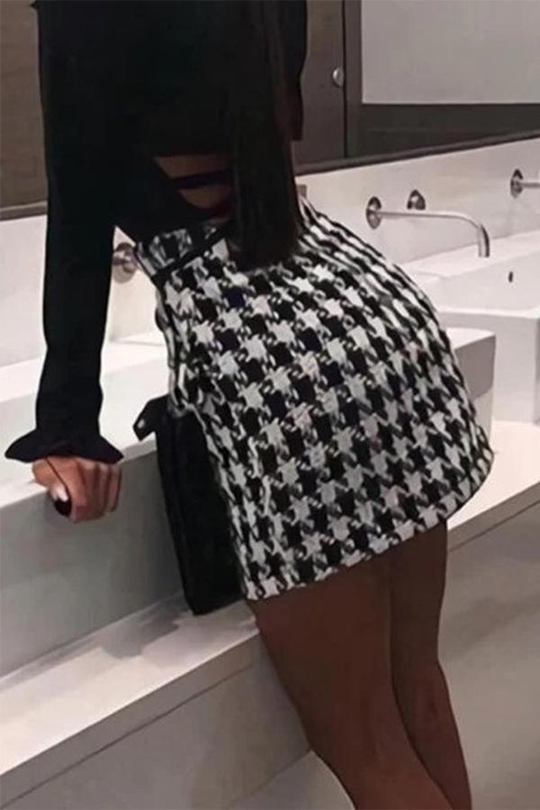 Double-breasted metal buckle houndstooth tweed slim bag hip miniskirt skirt