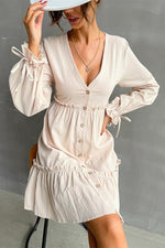 Solid Color V-neck Button Wooden Ears Long Sleeve Shirt Dress