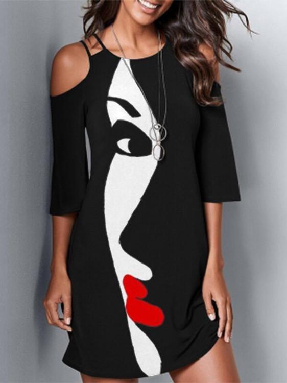 Face Print Off-the-shoulder Mid-sleeve Dress