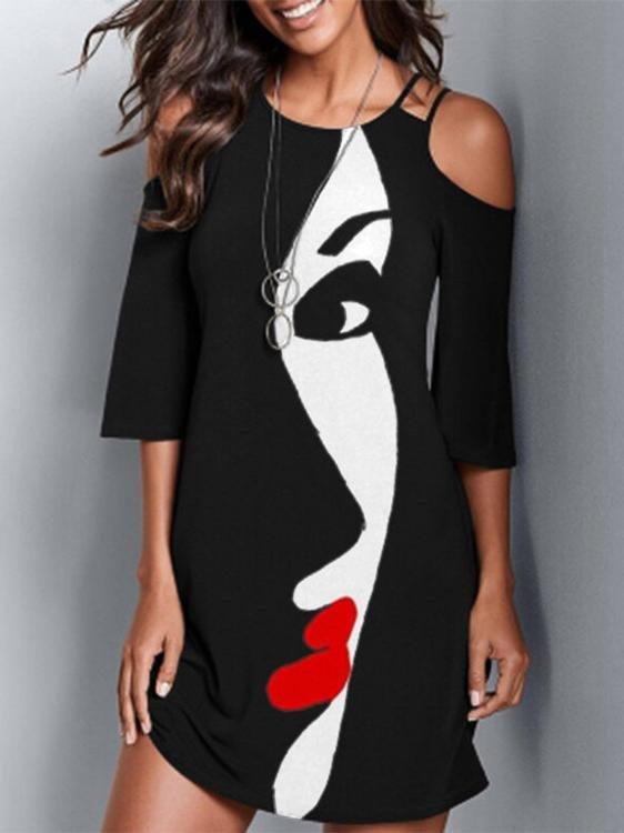 Face Print Off-the-shoulder Mid-sleeve Dress