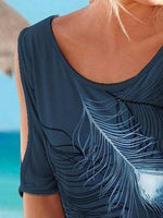 Feather Print Off-shoulder Round Neck T-shirt