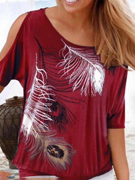 Feather Print Off-shoulder Round Neck T-shirt