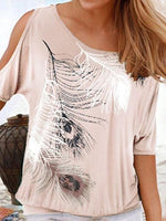 Feather Print Off-shoulder Round Neck T-shirt