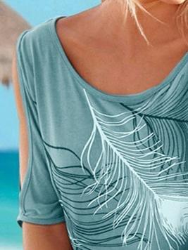 Feather Print Off-shoulder Round Neck T-shirt