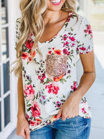 Floral Sequins Pocket V-neck T-shirt