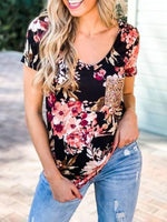 Floral Sequins Pocket V-neck T-shirt