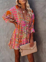 Floral V-neck High Waist Mid-sleeved Dress