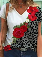 Flower Leopard Print V-Neck Short Sleeve T-Shirt