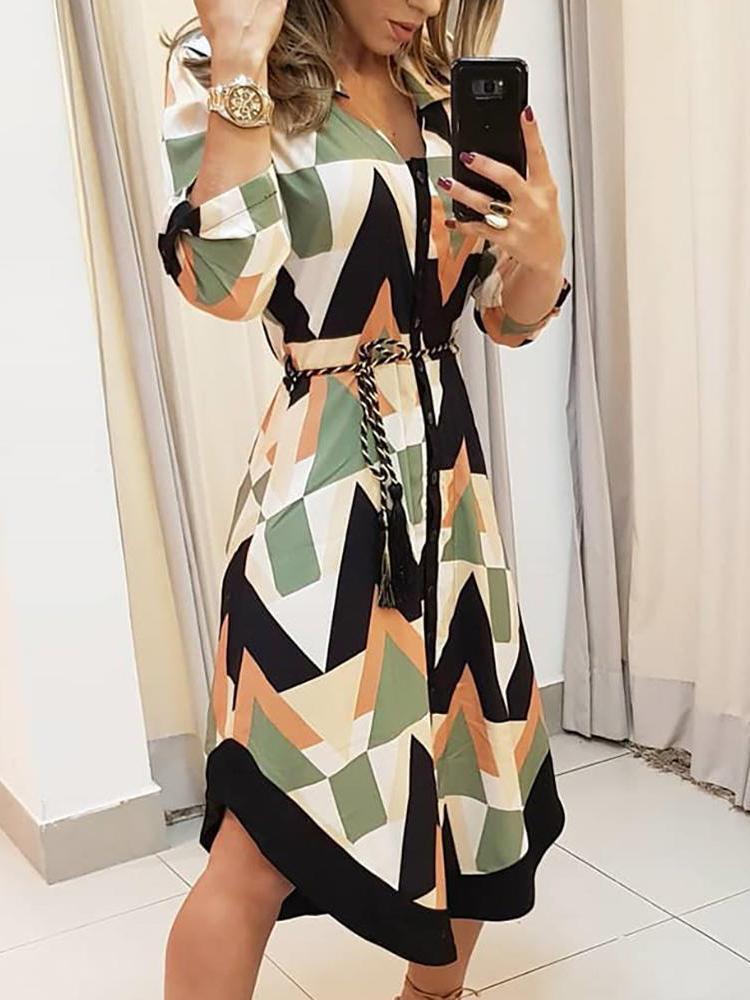 Geometric Print V-neck Shirt Dress With Belt