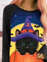 Women's T-Shirts Cat Pumpkin Print Crew Neck Long Sleeve T-Shirt