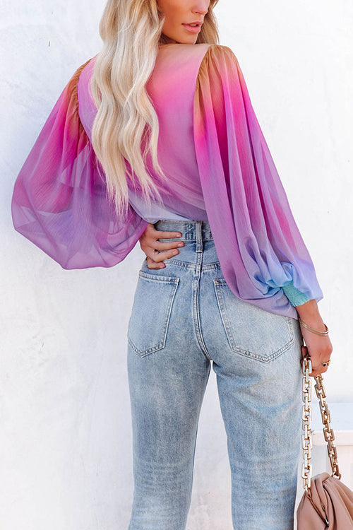 Ombre Rainbow Balloon Sleeve Blouse