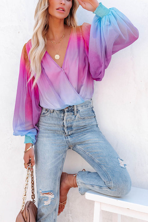 Ombre Rainbow Balloon Sleeve Blouse