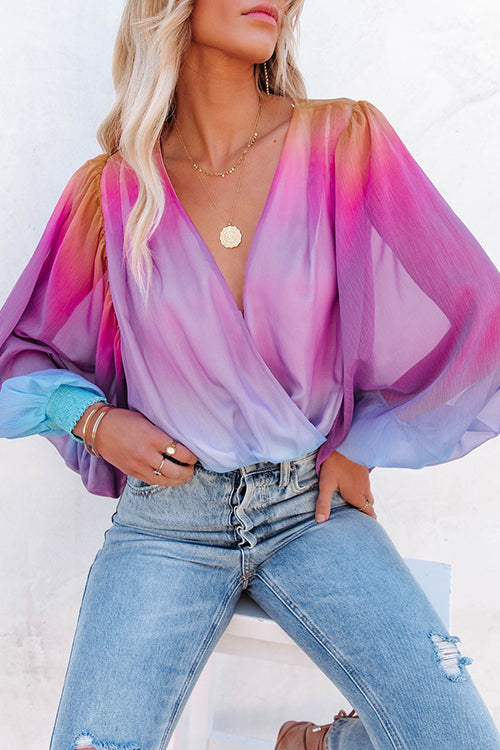 Ombre Rainbow Balloon Sleeve Blouse