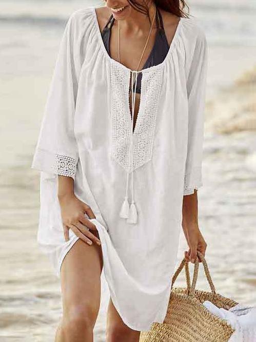 Lace Stitching Solid Sunscreen Beach Mini Dresses