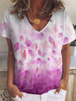 Leaf And Petal Print V-neck Short Sleeve T-shirt