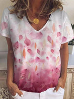 Leaf And Petal Print V-neck Short Sleeve T-shirt