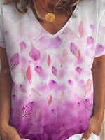 Leaf And Petal Print V-neck Short Sleeve T-shirt