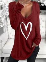 Long Sleeve V-Neck Heart Printed Casual T-Shirt