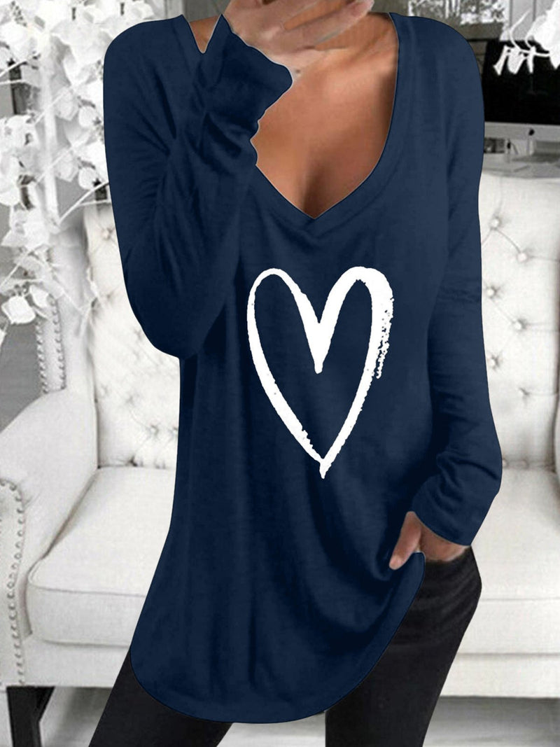 Long Sleeve V-Neck Heart Printed Casual T-Shirt