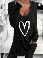 Long Sleeve V-Neck Heart Printed Casual T-Shirt