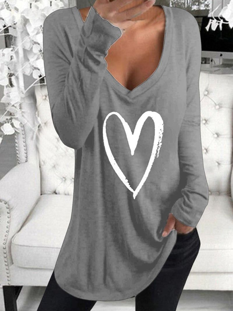 Long Sleeve V-Neck Heart Printed Casual T-Shirt