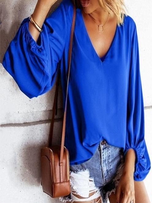 Loose Lantern Sleeve Solid Chiffon Women Blouse