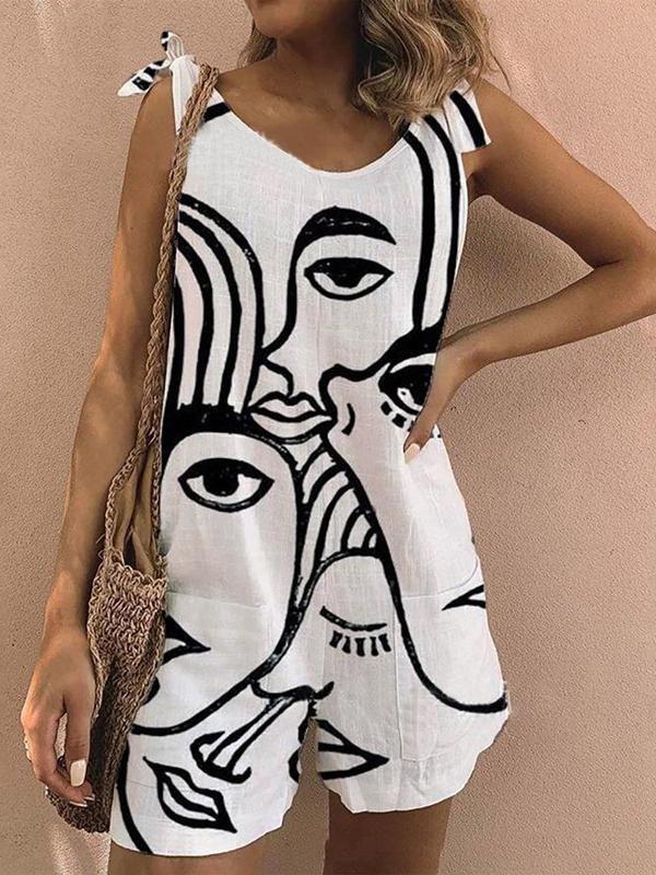Loose Printed Sleeveless Belted Jumpsuit