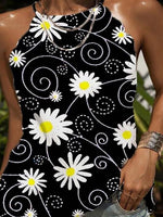 Loose Round Neck Daisy Print Tank Tops