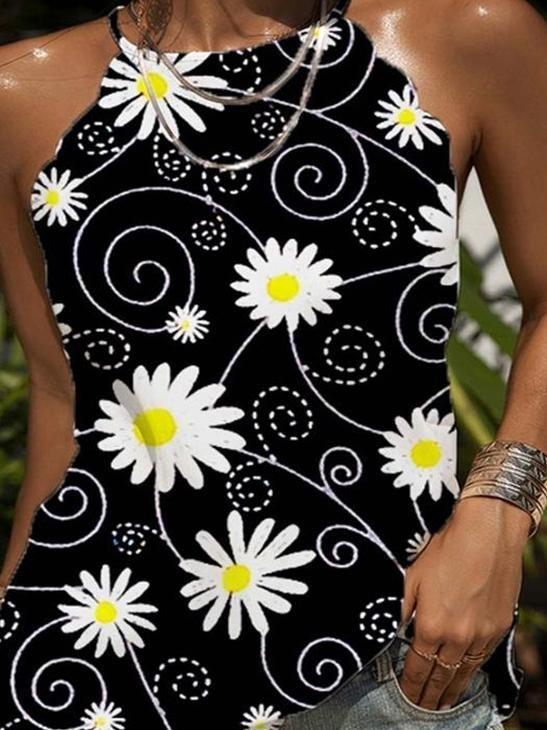 Loose Round Neck Daisy Print Tank Tops