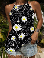 Loose Round Neck Daisy Print Tank Tops