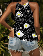 Loose Round Neck Daisy Print Tank Tops