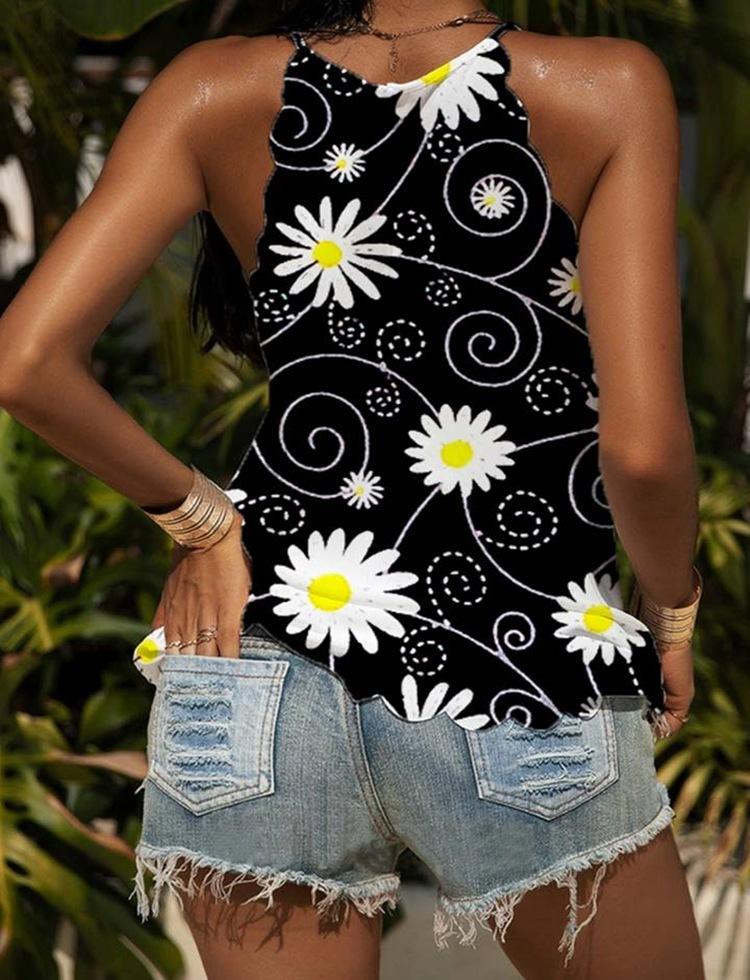 Loose Round Neck Daisy Print Tank Tops