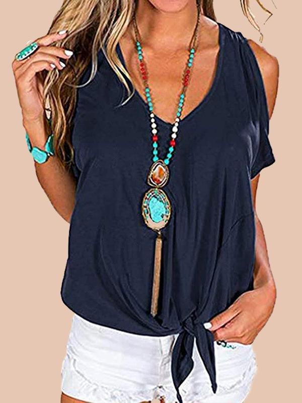 Loose Solid V-Neck Off The Shoulder Short Sleeve T-Shirt