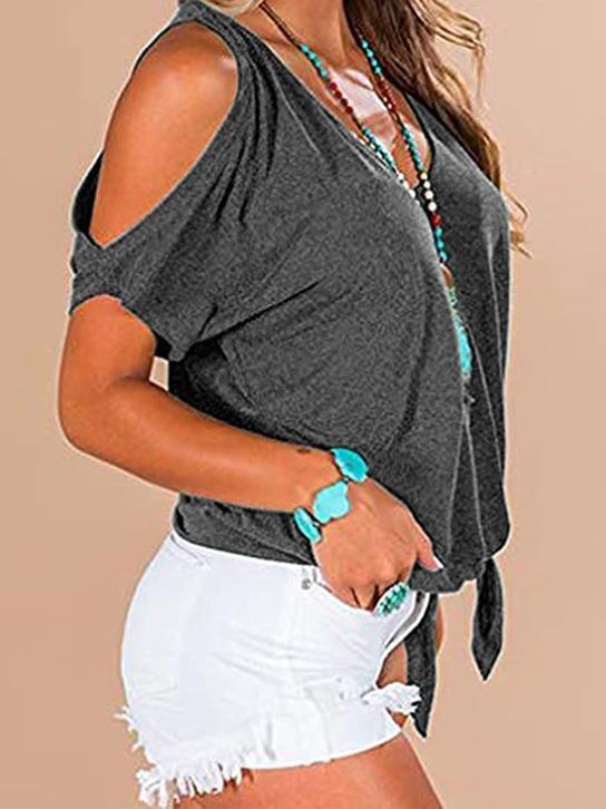 Loose Solid V-Neck Off The Shoulder Short Sleeve T-Shirt